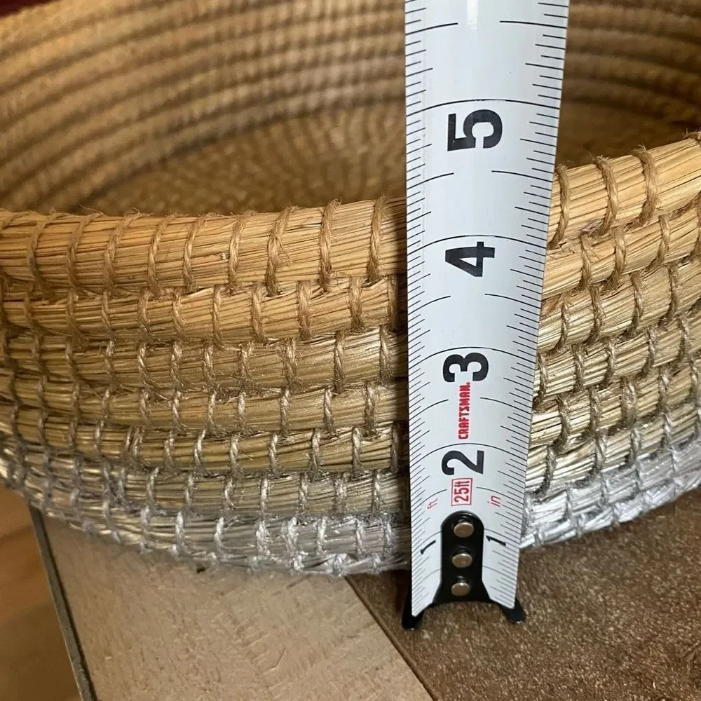 Decorative Basket Natural & Silver Round Woven Seagrass Boho Coastal Farmhouse